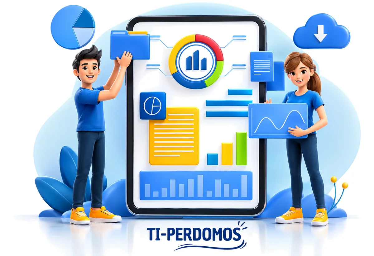 Ilustración del equipo de TI-PERDOMOS armando un panel de gestión con reportes y gráficos